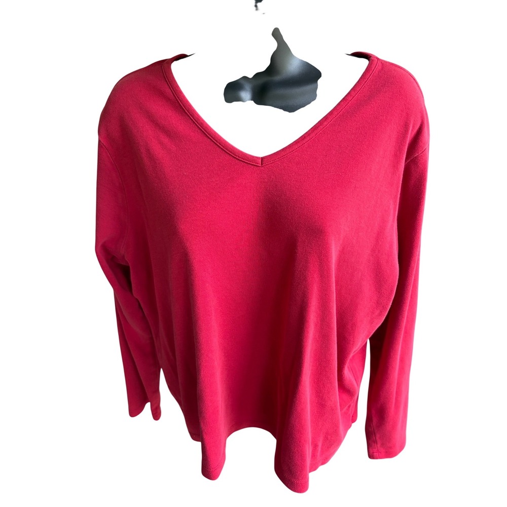 LL Bean Womens XL Red 100% Supima Cotton V-Neck Long Sleeve T-Shirt OVH13